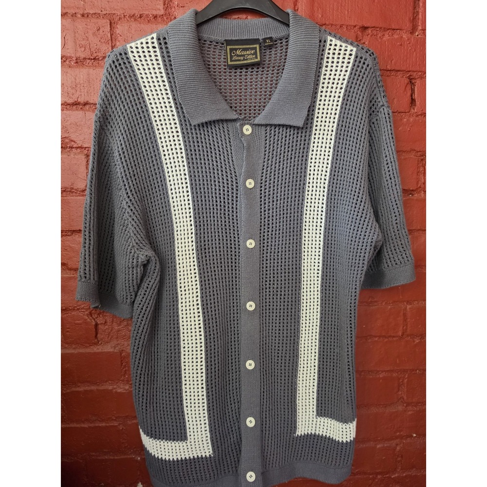 Massive Luxury Edition Shirt Men's Large Striped Knit Button Up Short Sleeve XL